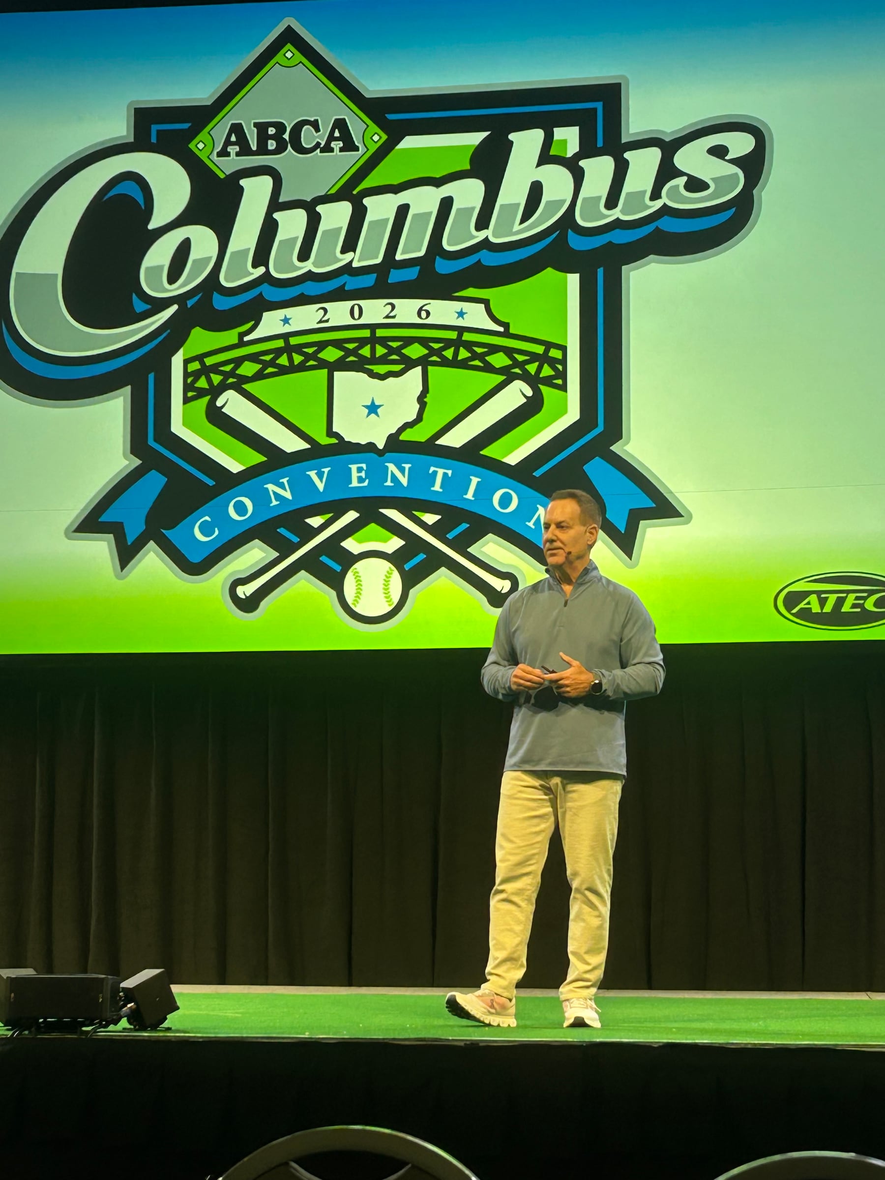Tony Abbatine on the main stage at the 2026 ABCA Convention in Columbus